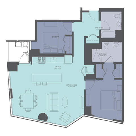 Floor plan for 2 beds, 2 baths, 1196 sqft